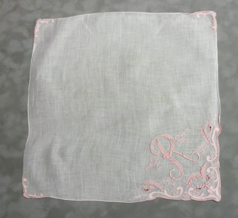 13 X 13 WHITE LINEN
PINK APPLIQUE AND EYELET
WITH MONOGRAMMED " R "
$12.00 13 X 13 WHITE LINEN
PINK APPLIQUE AND EYELET
WITH MONOGRAMMED " R "
$12.00